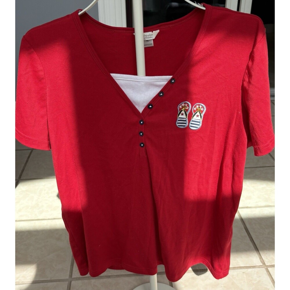 Christopher & Banks Red Shoe Sleeve Shirt With Embroidered Flip Flops XL
